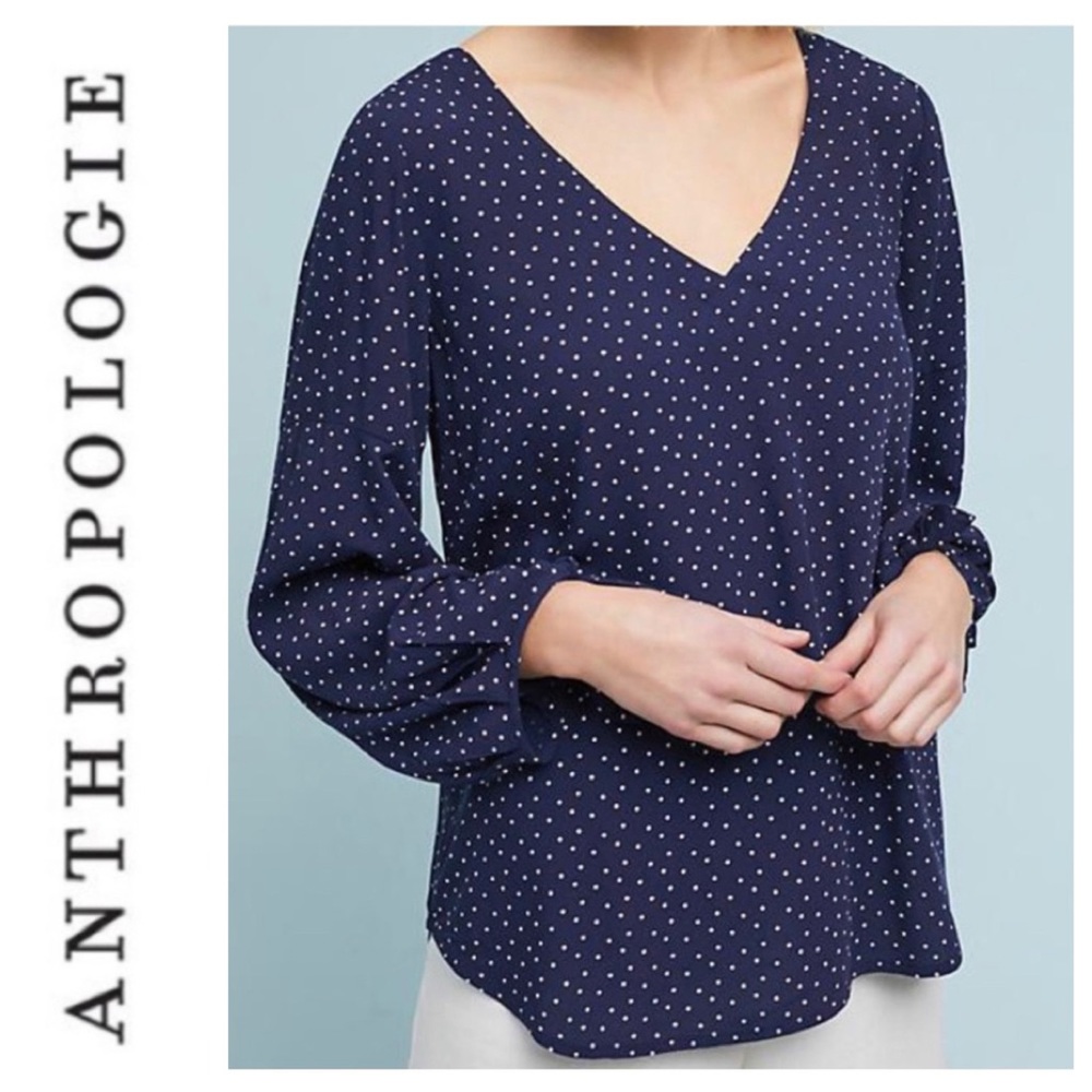 Maeve • Navy Dot “Pernille” Rayon Tie-Sleeve Blouse  { Anthropologie }